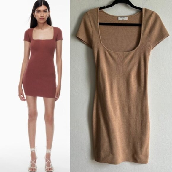 Aritzia Dresses & Skirts - Aritzia Babaton Sz M Emerge Tan Knit Mini Dress